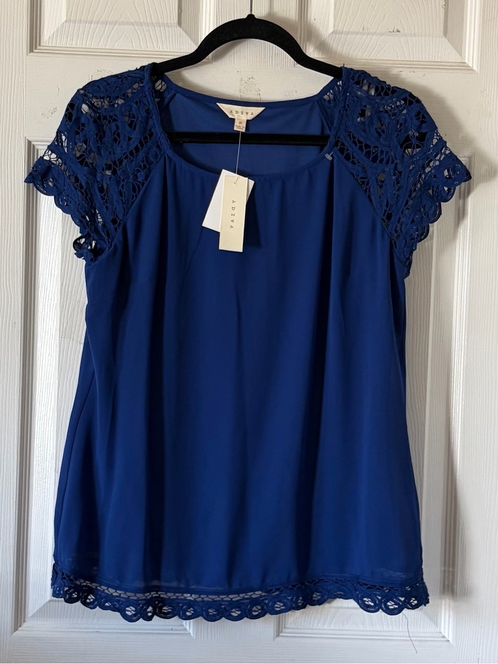 ADIVA Women's Crochet Cap Sleeve Blouse - Blue Sz M